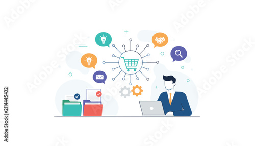 E-commerce entrepreneur managing online sales and files on his laptop with circular connections to core business tools.