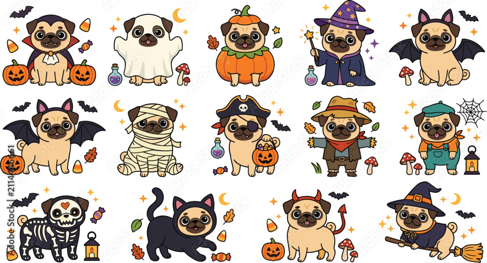Obraz premium Cute Halloween Pug Dog Vector Sticker Set Wearing Costumes Including Witch Vampire Ghost Mummy and Pirate for Holiday Graphic Designs