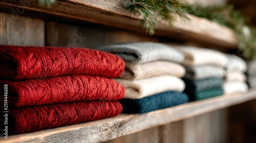 A beautifully organized display of neatly stacked sweaters on a rustic wooden shelf, showcasing a sense of style, homeliness, and seasonal fashion trends for cozy living.