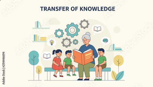 Elderly teacher reading an educational book to children to illustrate the transfer of knowledge and wisdom.
