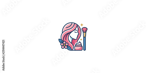 Stylized illustration of a woman with pink hair applying beauty products with a makeup brush.