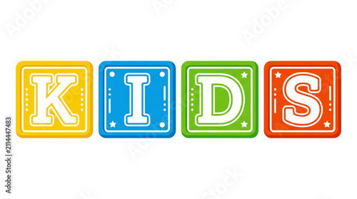 Colorful alphabet toy blocks spelling KIDS, primary color wooden cubes with letters, educational nursery school play elements on white background