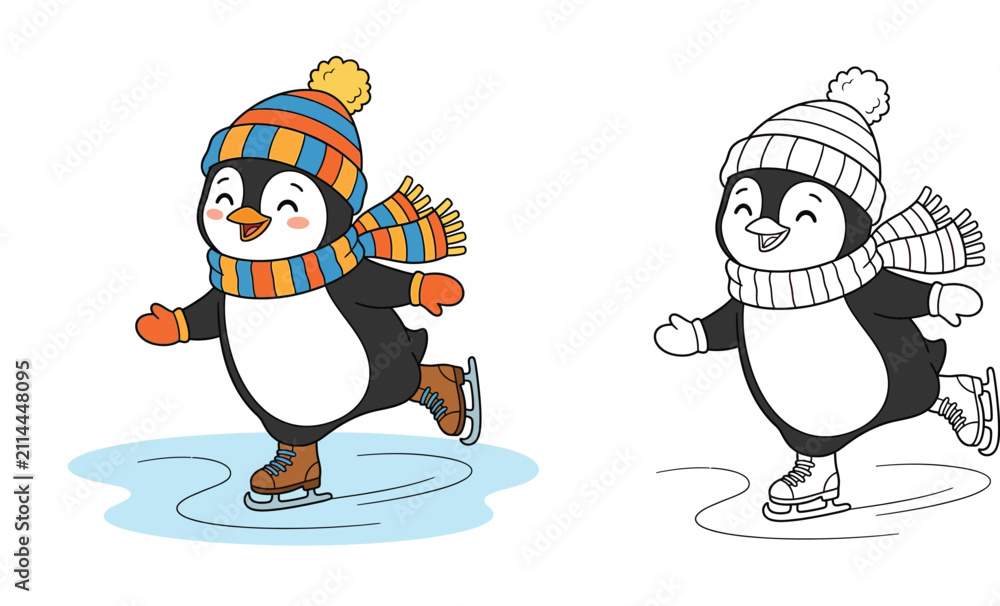 Fototapeta premium Cute Cartoon Penguin Ice Skating Winter Illustration with Coloring Page Outline for Kids