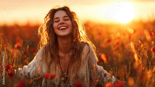 A beaming young woman with curly hair enjoying the beauty of a blooming poppy field, basking in the warm glow of a sunset, radiating happiness and freedom.
