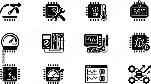 Computer Hardware Performance and Chip Diagnostics Icon Set for System Optimization, Hardware Testing, Microprocessor Monitoring, and Vector Design