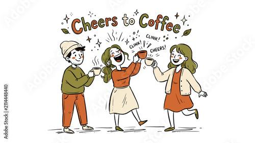 Quadro su tela Cheers to Coffee: Three friends clink their coffee cups together in a joyful celebration, toasting to their shared love for the beloved beverage