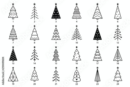 Black and white of various tree silhouettes and christmas trees, isolated on white background, pine tree