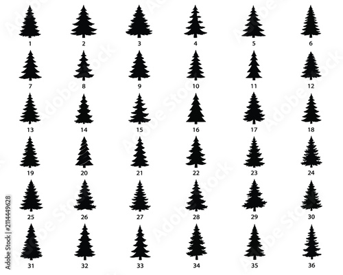Black silhouette christmas trees arranged in numbered grid from 1 to 36 pine tree evergreen holiday tree
