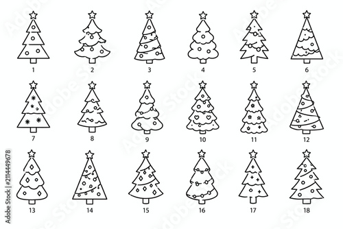 Set of 18 of christmas trees with various decorations and styles holiday tree decorated tree pine tree