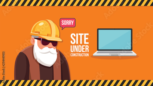 Website Under Construction Landing Page with Builder Vector Illustration