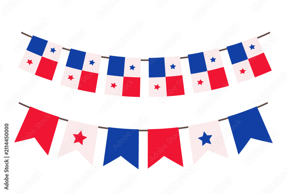 Fototapeta premium Panama flag bunting garland. Panamanian flag pennant and flag banner vector illustration isolated on white. Perfect for national celebration, festival, party decoration, travel, and patriotic design.