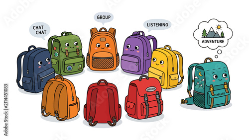 Canvastavla Backpack Buddies on an Adventure: A collection of cute, anthropomorphic backpacks engage in conversation and daydream about exploration, each with its own personality and thoughts