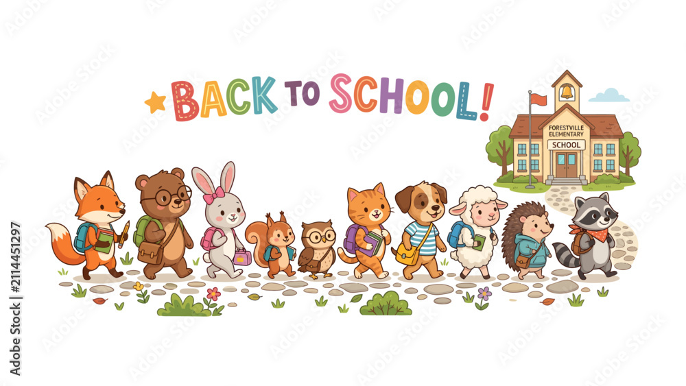 Naklejka premium Back to School Animals: A charming group of anthropomorphic animals, including a fox, bear, rabbit, squirrel, owl, cat, dog, sheep, hedgehog, and raccoon, happily walk towards a school building.