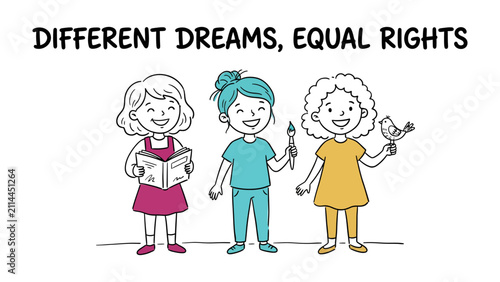 Fotografía Different Dreams, Equal Rights: Three cheerful young girls with distinct personalities and interests stand together, celebrating diversity and equality