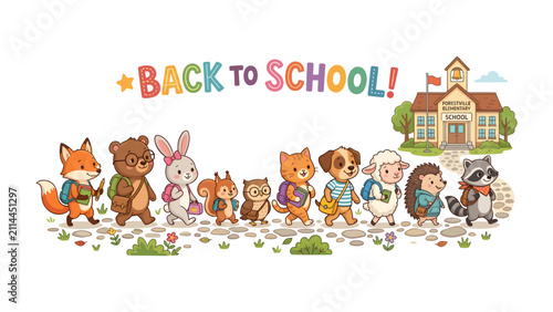 Back to School Animals: A charming group of anthropomorphic animals, including a fox, bear, rabbit, squirrel, owl, cat, dog, sheep, hedgehog, and raccoon, happily walk towards a school building.