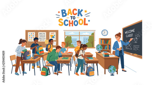 Back to School Classroom Scene: A vibrant classroom filled with diverse students and a teacher ready for a new academic year, with Back to School text art above.