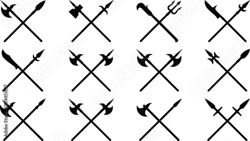 Set of crossed medieval polearms silhouettes including halberds, spears, and battle axes on white background