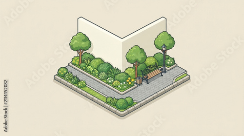 Isometric corner garden design. Landscaped green space with trees and park bench.