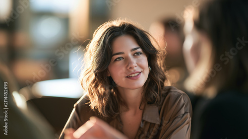 An HR manager and employee discussing a flexible parental leave return plan, waist-up shot, cozy office corner blurred, warm natural light, realistic candid photo