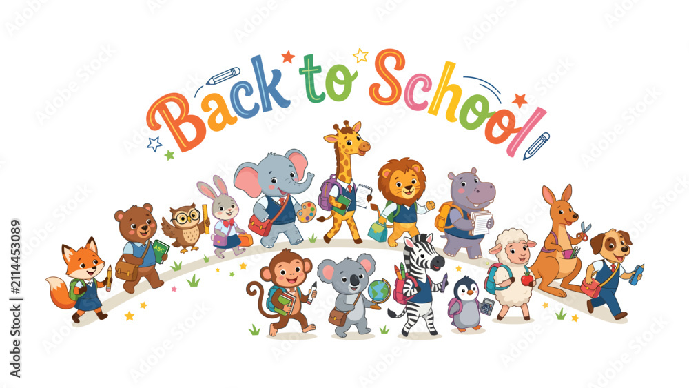 Fototapeta premium Back to School Animals: A cheerful parade of anthropomorphic animal characters, including a fox, bear, rabbit, elephant, giraffe, lion, and zebra, all dressed in school attire and carrying backpacks.