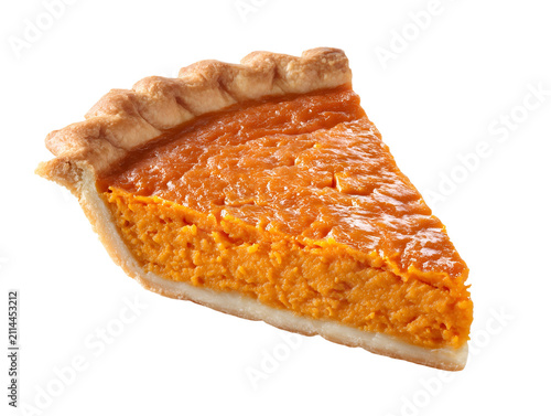Slice of classic sweet potato pie with rich creamy filling and flaky pastry crust, isolated on white background.