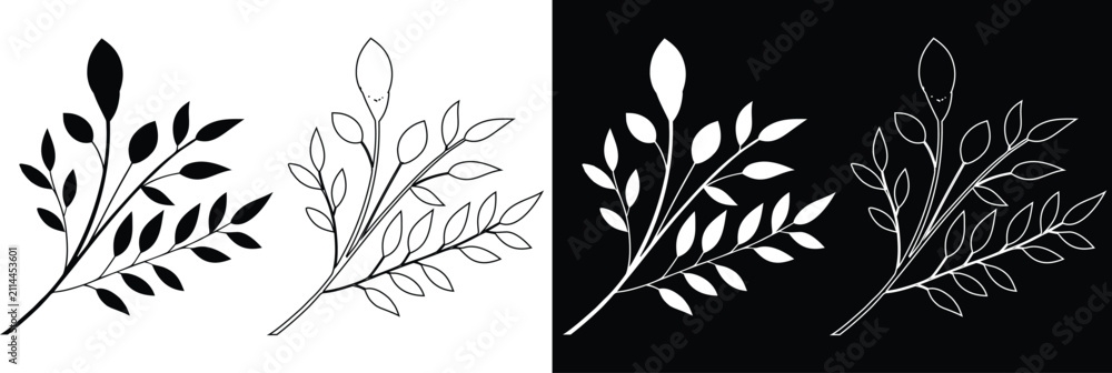 Fototapeta premium Leafy plant branch vector set with leaf silhouettes and line art outlines isolated on split contrast background