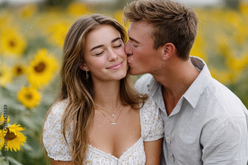 Fototapeta premium Young couple sharing a tender moment in a sunflower field during golden hour