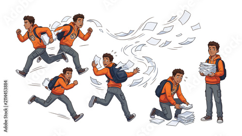 Frantic Student Chaos: A young student, burdened by a backpack, experiences a cascade of scattered papers and hurried movements, depicting the overwhelming nature of academic life.