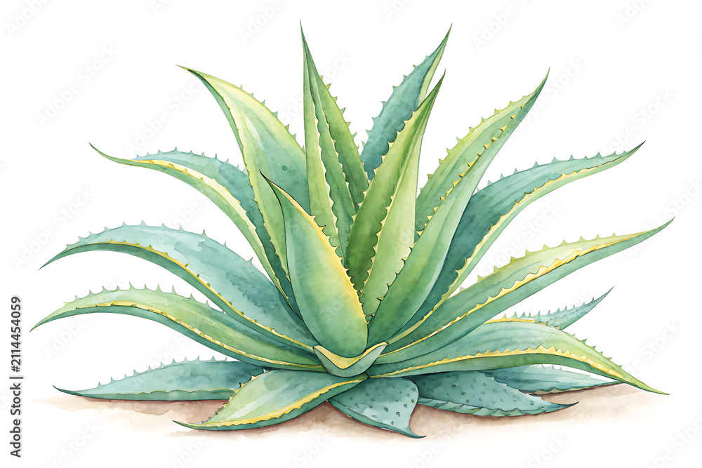 Fototapeta premium Hand-painted watercolor aloe vera plant with fleshy green leaves and subtle gradients, isolated on white.