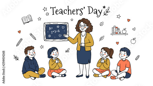 Bild auf Leinwand Teacher's Day Celebration: An illustration depicts a teacher joyfully instructing young students in a classroom setting, symbolizing the importance of education and appreciation for teachers
