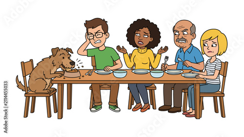 Φωτογραφία Dog Steals Dinner: A hilarious scene unfolds at the dinner table as a mischievous dog snatches food while a family looks on with disbelief and exasperation