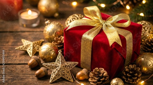 A festive, elegant Christmas gift in red velvet surrounded by gold decorations, a warm, festive atmosphere with the glow of lights