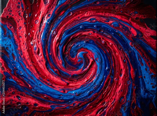 Dynamic swirl of color: a structured spiral of frothy red and deep navy blue in a cosmic abstraction as a background or image