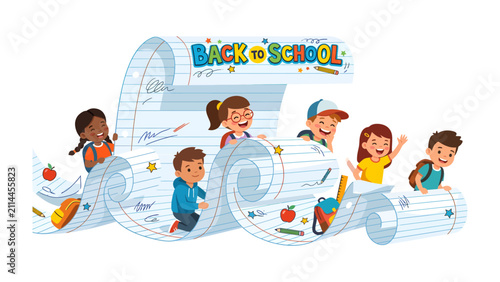 Back to School Excitement: A joyful group of diverse children rolls along a giant scroll of notebook paper, exuding enthusiasm for the start of the school year.
