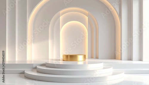 Elegant gold pedestal on a white tiered stage with soft glowing arch background perfect for luxury product presentation and display.