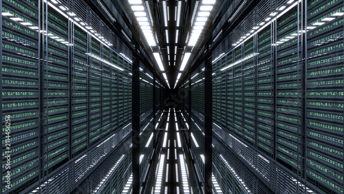 A long aisle between rows of server racks with neon green lights and a black glossy floor in a server room. 3d illustration