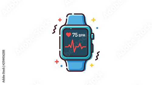 Digital health tracker smartwatch illustration displaying heart rate pulse and bpm measurement