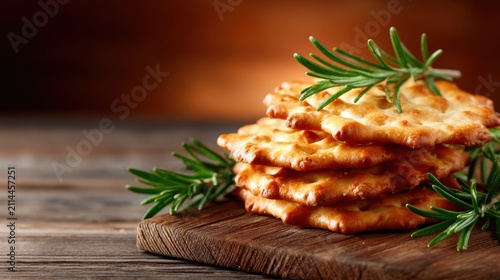 A stack of crispy crackers topped with fresh herbs on a wooden board presents a delightful snack option that demonstrates simplicity and fresh flavors in culinary art.