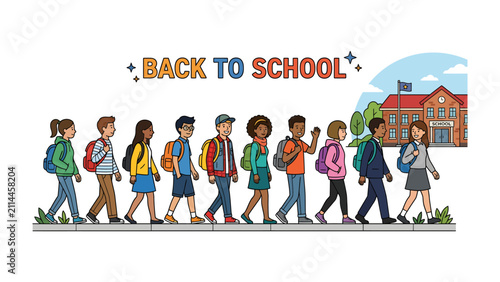 Fotografie Back to School Rush: A diverse group of children, each with a backpack, walk in a line towards a school building, embodying the spirit of returning to education and new beginnings