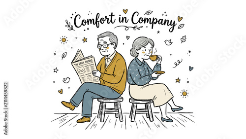 Принти на полотні Comfort in Company: An elderly couple finds quiet contentment together, the man engrossed in a newspaper while the woman sips her tea, surrounded by whimsical doodles of hearts and stars