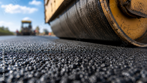 Close up of a steamroller compacting fresh hot asphalt on a road
