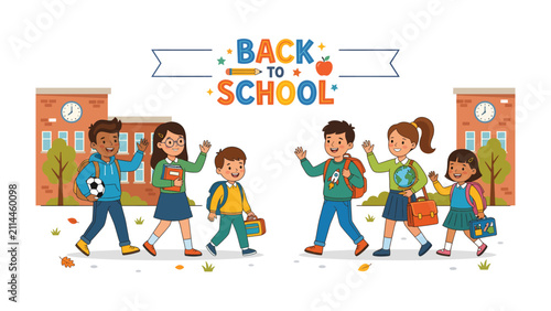 Fényképezés Back to School Excitement: Diverse group of smiling children, dressed for school and carrying backpacks, walk towards school buildings, ready for a new academic year filled with learning and fun