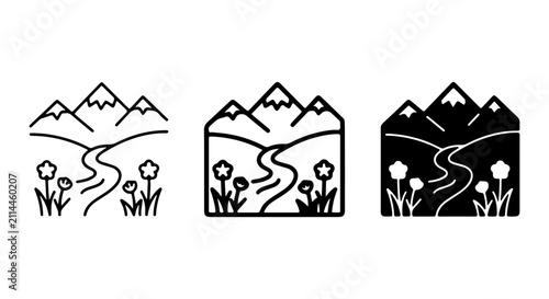 Mountain Landscape Icons, Nature Scene Vector Graphics, Scenic River and Flower Illustrations