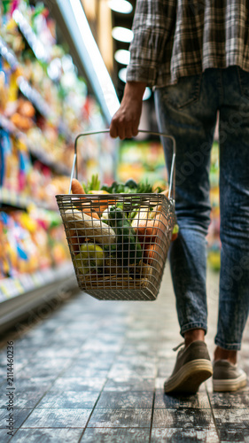 Grocery Shopping, people walks through brightly lit supermarket aisle holding metal shopping basket filled with fresh produce.