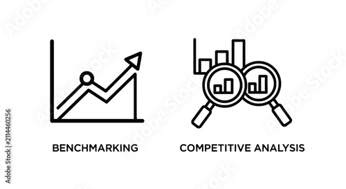Benchmarking and competitive analysis data chart icons with benchmarking competitive analysis business magnifying research marketing statistics