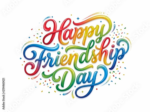 Friendship Day Rainbow Calligraphy Lettering with Confetti Sparkles Background