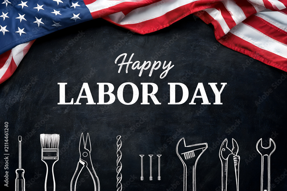 Obraz premium Happy labor day greeting text american flag border tools and texture chalk board background