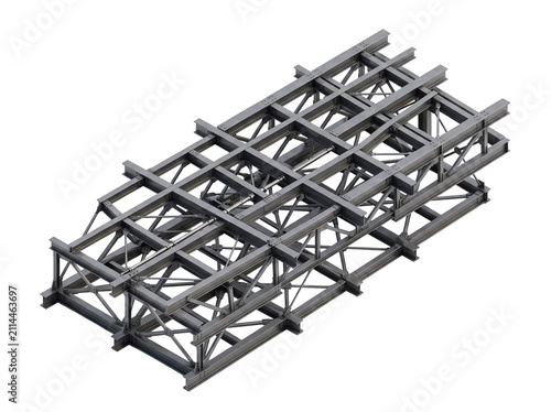 Steel truss construction frame. Industrial metal girder structure for building support.