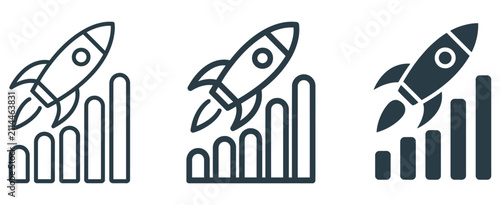 Dark Rocket Launch Business Growth Chart icons representing startup success, business strategy, financial performance, marketing analytics, investment growth and management.
