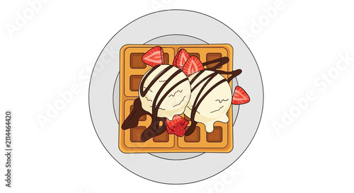 Delicious waffle with strawberries and whipped cream.